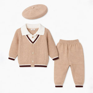 2 Pcs Beige Brown Bordered Winter Knit Cardigan & Pants with Beret Cap for Infants - 0 - 3 Months Winter Wear