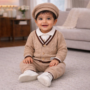 2 Pcs Beige Brown Bordered Winter Knit Cardigan & Pants with Beret Cap for Infants - 0 - 3 Months Winter Wear