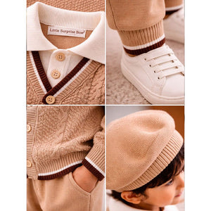 2 Pcs Beige Brown Bordered Winter Knit Cardigan & Pants with Beret Cap for Infants - 0 - 3 Months Winter Wear