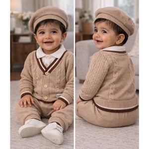 2 Pcs Beige Brown Bordered Winter Knit Cardigan & Pants with Beret Cap for Infants - 0 - 3 Months Winter Wear