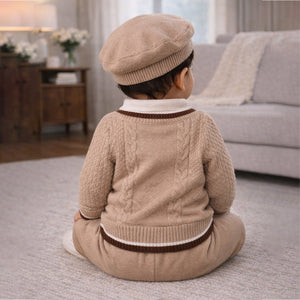 2 Pcs Beige Brown Bordered Winter Knit Cardigan & Pants with Beret Cap for Infants - 0 - 3 Months Winter Wear