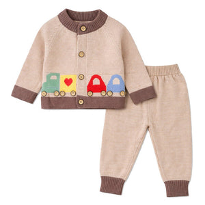 2 Pcs Beige & Brown Train Patch Winter Cardigan & Pants set for Infants - 0 - 3 Months Winter Wear