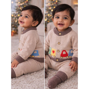 2 Pcs Beige & Brown Train Patch Winter Cardigan & Pants set for Infants - 0 - 3 Months Winter Wear