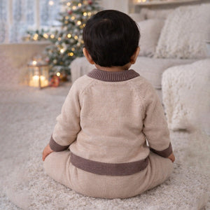 2 Pcs Beige & Brown Train Patch Winter Cardigan & Pants set for Infants - 0 - 3 Months Winter Wear