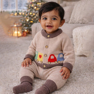 2 Pcs Beige & Brown Train Patch Winter Cardigan & Pants set for Infants - 0 - 3 Months Winter Wear