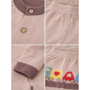 2 Pcs Beige & Brown Train Patch Winter Cardigan & Pants set for Infants - 0 - 3 Months Winter Wear