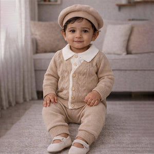 2 Pcs Beige Cream Collar Winter Cardigan & Pants set with Beret - Style Cap for Infants - 0 - 3 Months Winter Wear