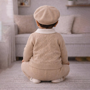 2 Pcs Beige Cream Collar Winter Cardigan & Pants set with Beret - Style Cap for Infants - 0 - 3 Months Winter Wear