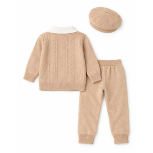 2 Pcs Beige Cream Collar Winter Cardigan & Pants set with Beret - Style Cap for Infants - 0 - 3 Months Winter Wear