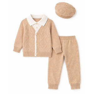 2 Pcs Beige Cream Collar Winter Cardigan & Pants set with Beret - Style Cap for Infants - 0 - 3 Months Winter Wear