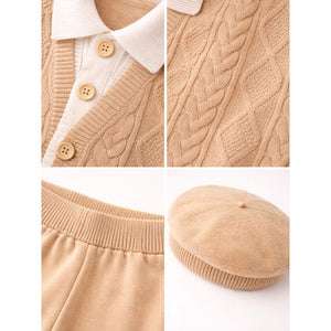 2 Pcs Beige Cream Collar Winter Cardigan & Pants set with Beret - Style Cap for Infants - 0 - 3 Months Winter Wear