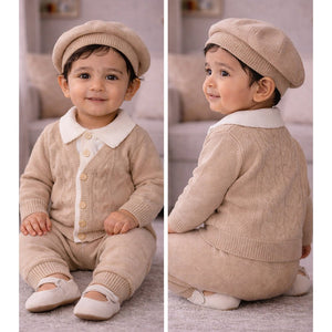 2 Pcs Beige Cream Collar Winter Cardigan & Pants set with Beret - Style Cap for Infants - 0 - 3 Months Winter Wear