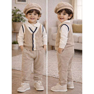 2 Pcs Beige Vest - Style Winter Cardigan & Pants with Beret Cap for infants - 0 - 3 Months Winter Wear