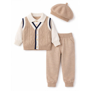 2 Pcs Beige Vest - Style Winter Cardigan & Pants with Beret Cap for infants - 0 - 3 Months Winter Wear