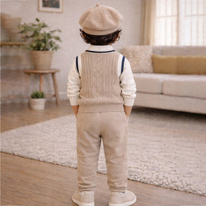 2 Pcs Beige Vest - Style Winter Cardigan & Pants with Beret Cap for infants - 0 - 3 Months Winter Wear