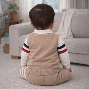 2 Pcs Beige with Red - Navy Stripes Sleeves Winter Cardigan & Pant for Infants - 0 - 3 Months Winter Wear