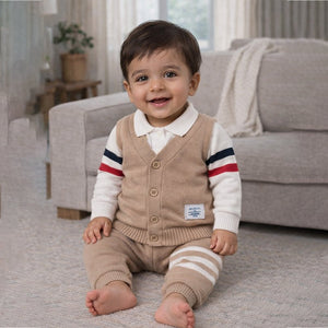 2 Pcs Beige with Red - Navy Stripes Sleeves Winter Cardigan & Pant for Infants - 0 - 3 Months Winter Wear