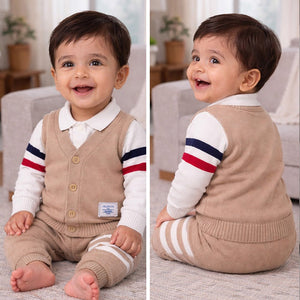 2 Pcs Beige with Red - Navy Stripes Sleeves Winter Cardigan & Pant for Infants - 0 - 3 Months Winter Wear
