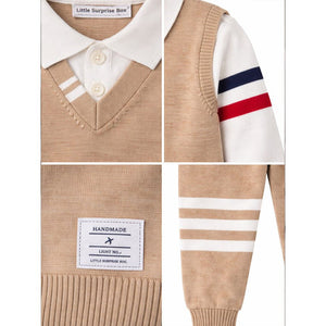 2 Pcs Beige with Red - Navy Stripes Sleeves Winter Cardigan & Pant for Infants - 0 - 3 Months Winter Wear