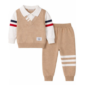 2 Pcs Beige with Red - Navy Stripes Sleeves Winter Cardigan & Pant for Infants - 0 - 3 Months Winter Wear