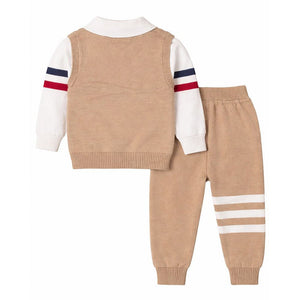 2 Pcs Beige with Red - Navy Stripes Sleeves Winter Cardigan & Pant for Infants - 0 - 3 Months Winter Wear