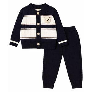 2 Pcs Black Cream Ted Face Winter Cardigan & Pants for Infants - 0 - 3 Months Winter Wear