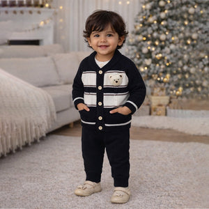 2 Pcs Black Cream Ted Face Winter Cardigan & Pants for Infants - 0 - 3 Months Winter Wear