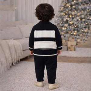 2 Pcs Black Cream Ted Face Winter Cardigan & Pants for Infants - 0 - 3 Months Winter Wear