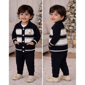 2 Pcs Black Cream Ted Face Winter Cardigan & Pants for Infants - 0 - 3 Months Winter Wear