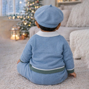 2 Pcs Blue Green Border Winter Knit Cardigan & Pants with Beret Cap for Infants - 0 - 3 Months Winter Wear