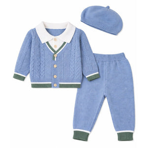 2 Pcs Blue Green Border Winter Knit Cardigan & Pants with Beret Cap for Infants - 0 - 3 Months Winter Wear