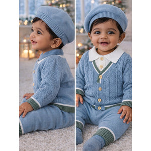 2 Pcs Blue Green Border Winter Knit Cardigan & Pants with Beret Cap for Infants - 0 - 3 Months Winter Wear