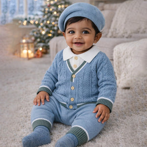 2 Pcs Blue Green Border Winter Knit Cardigan & Pants with Beret Cap for Infants - 0 - 3 Months Winter Wear