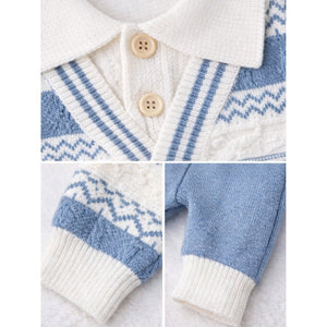 2 Pcs Blue ZigZag Pattern Winter Cardigan & Pant with Matching Cap for Infants - 0 - 3 Months Winter Wear