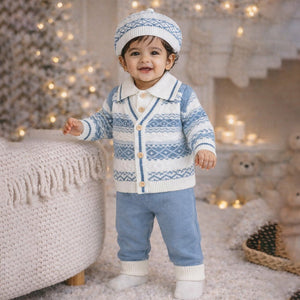 2 Pcs Blue ZigZag Pattern Winter Cardigan & Pant with Matching Cap for Infants - 0 - 3 Months Winter Wear