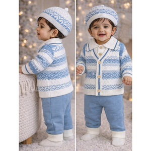 2 Pcs Blue ZigZag Pattern Winter Cardigan & Pant with Matching Cap for Infants - 0 - 3 Months Winter Wear