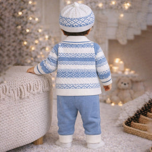 2 Pcs Blue ZigZag Pattern Winter Cardigan & Pant with Matching Cap for Infants - 0 - 3 Months Winter Wear
