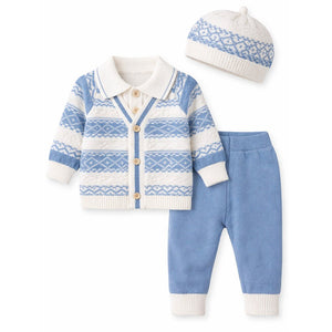 2 Pcs Blue ZigZag Pattern Winter Cardigan & Pant with Matching Cap for Infants - 0 - 3 Months Winter Wear