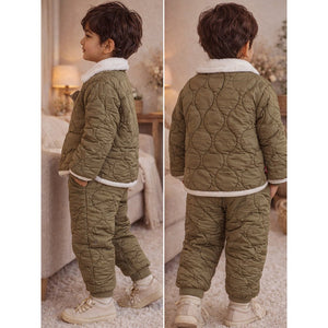 2 Pcs Brown Quilted Puffer Winter Jacket with Pants Co - ords set for Kids - 2 - 3 Years Winter Wear