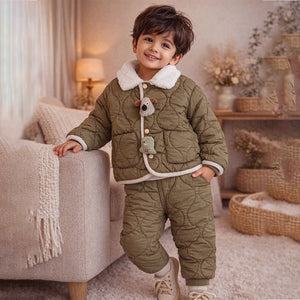 2 Pcs Brown Quilted Puffer Winter Jacket with Pants Co - ords set for Kids - 2 - 3 Years Winter Wear