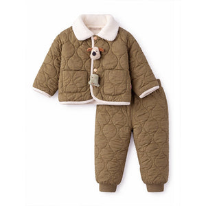 2 Pcs Brown Quilted Puffer Winter Jacket with Pants Co - ords set for Kids - 2 - 3 Years Winter Wear