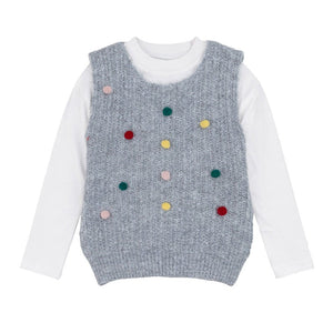 2 Pcs Colorful Pom - pom Grey Winter Sleeveless Cardigan with White Full Sleeve Tshirt - 4 - 5 Years Winter Wear