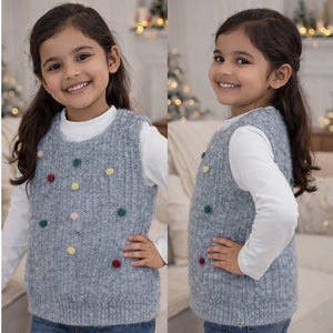 2 Pcs Colorful Pom - pom Grey Winter Sleeveless Cardigan with White Full Sleeve Tshirt - 4 - 5 Years Winter Wear