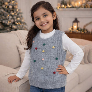 2 Pcs Colorful Pom - pom Grey Winter Sleeveless Cardigan with White Full Sleeve Tshirt - 4 - 5 Years Winter Wear