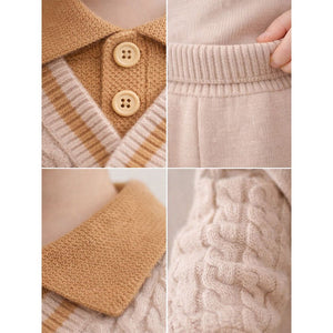 2 Pcs Cream Beige Collar Winter Cardigan & Pants with Beret - Style Cap for Infants - 0 - 3 Months Winter Wear