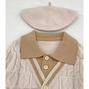 2 Pcs Cream Beige Collar Winter Cardigan & Pants with Beret - Style Cap for Infants - 0 - 3 Months Winter Wear