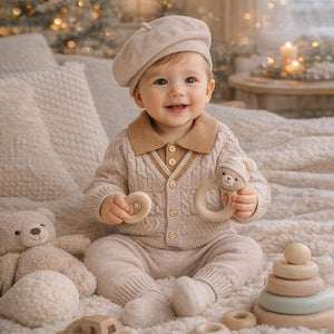 2 Pcs Cream Beige Collar Winter Cardigan & Pants with Beret - Style Cap for Infants - 0 - 3 Months Winter Wear