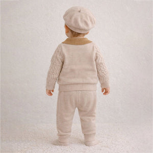2 Pcs Cream Beige Collar Winter Cardigan & Pants with Beret - Style Cap for Infants - 0 - 3 Months Winter Wear