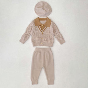 2 Pcs Cream Beige Collar Winter Cardigan & Pants with Beret - Style Cap for Infants - 0 - 3 Months Winter Wear