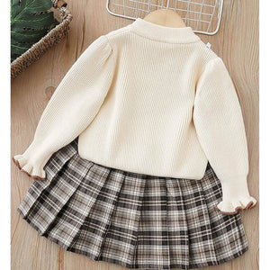 2 pcs Cream checks cardigan and Skirt Winter wear set 2 matching Teddy Clips - Little Surprise Box2 pcs Cream checks cardigan and Skirt Winter wear set 2 matching Teddy Clips